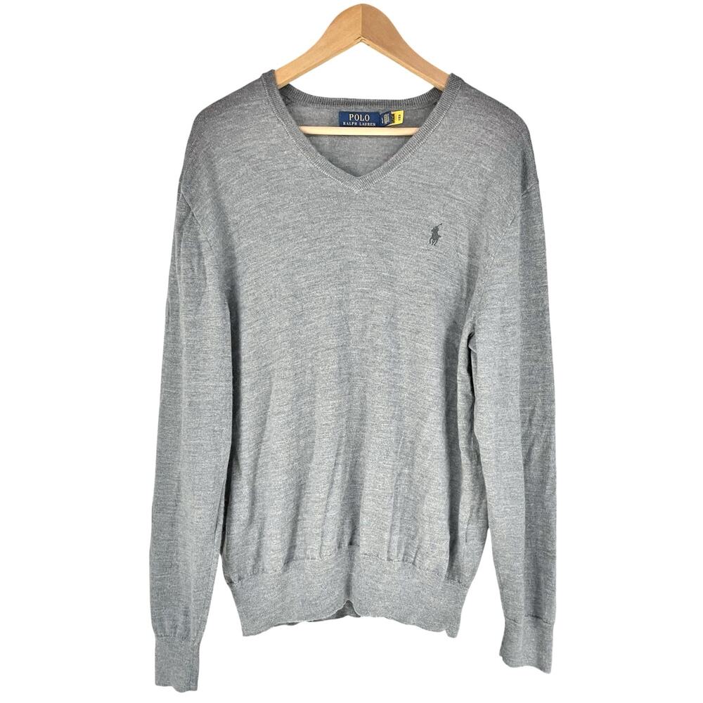 POLO RALPH LAUREN Men's Washable Wool V-Neck Gray Sweater Sz L Embroidered Pony